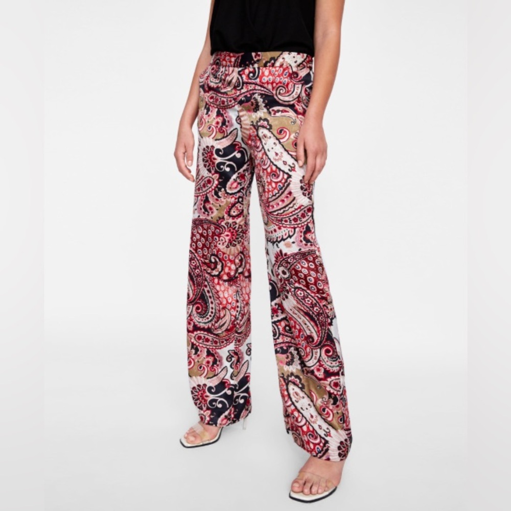 Zara Size L Basic Collection Women’s Paisley Printed Wide Leg Satin Pants